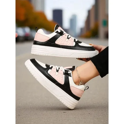 Women's Pink and Black Colorblock Lace-Up Sneakers - Image 4