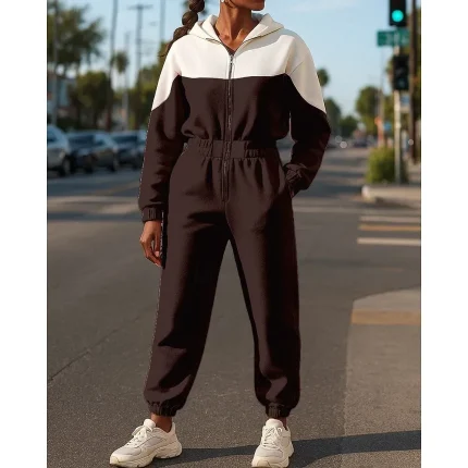 Women Tracksuit Sweatpants Hooded Jacket Fall Winter Color Block - Image 8