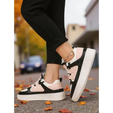 Women's Pink and Black Colorblock Lace-Up Sneakers - Image 3