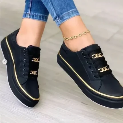 Women's Black Lace-Up Sneakers with Gold Chain Detail - Image 3
