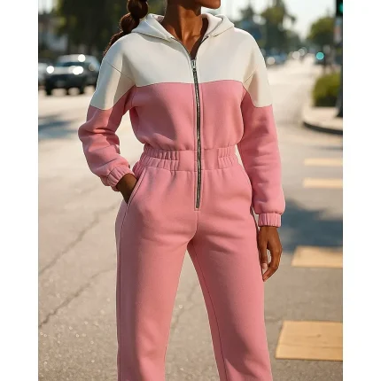 Women Tracksuit Sweatpants Hooded Jacket Fall Winter Color Block - Image 3