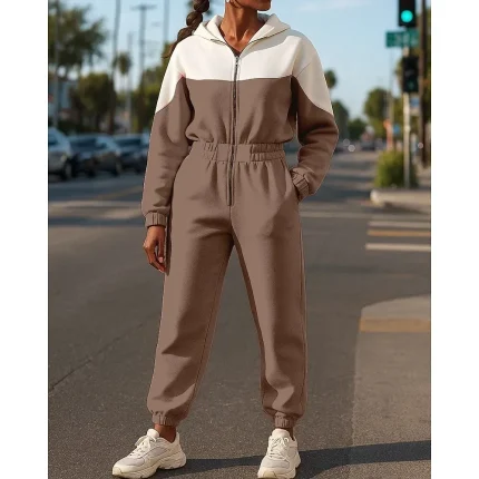 Women Tracksuit Sweatpants Hooded Jacket Fall Winter Color Block - Image 7