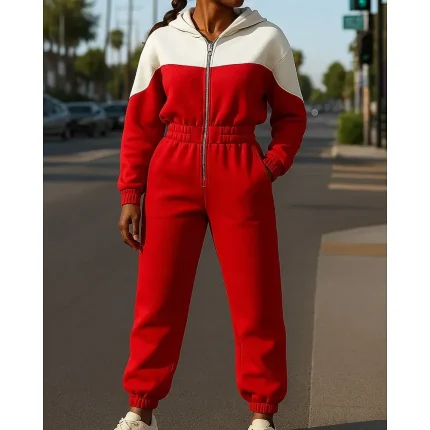 Women Tracksuit Sweatpants Hooded Jacket Fall Winter Color Block - Image 4