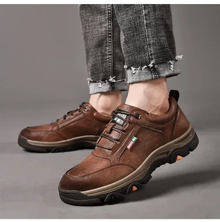 Men's Brown Faux Leather Outdoor Hiking Shoes - Image 3