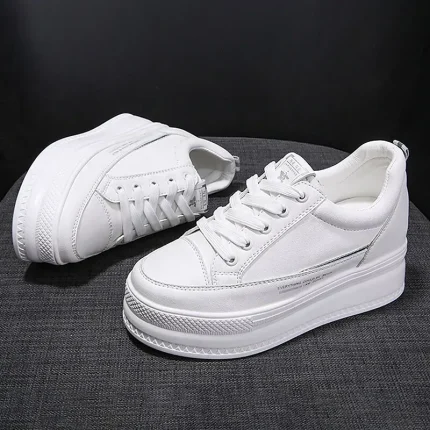 Women's White Platform Sneakers with Lace-Up Design and Elevated Sole - Image 3