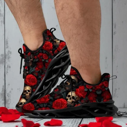 Men's Rose Skull Print Lace-Up Sneakers - Image 4