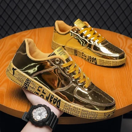 Men's Gold Metallic Sneakers with Printed Sole - Image 6
