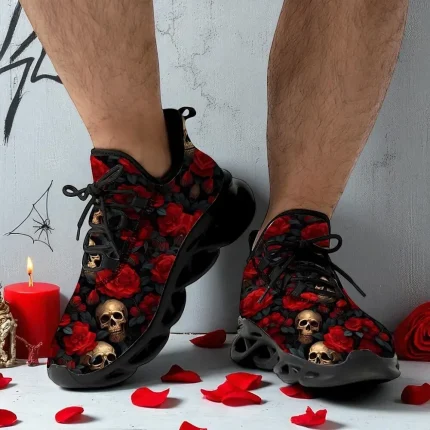 Men's Rose Skull Print Lace-Up Sneakers - Image 3