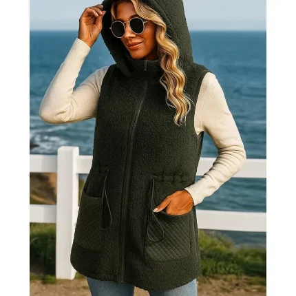 Women's Hooded Vest Polar Fleece Vest Drawstring Sleeveless - Image 3