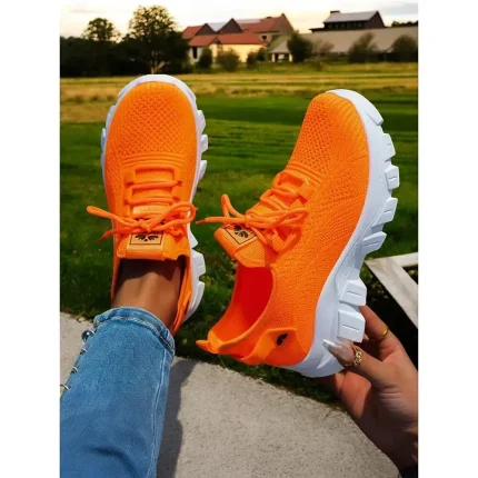 Women's Bright Orange Flyknit Running Sneakers - Image 3