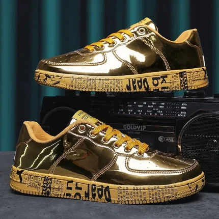 Men's Gold Metallic Sneakers with Printed Sole - Image 4
